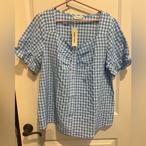 Agnes Orinda Blue Gingham Button-Down Puff Sleeve Top